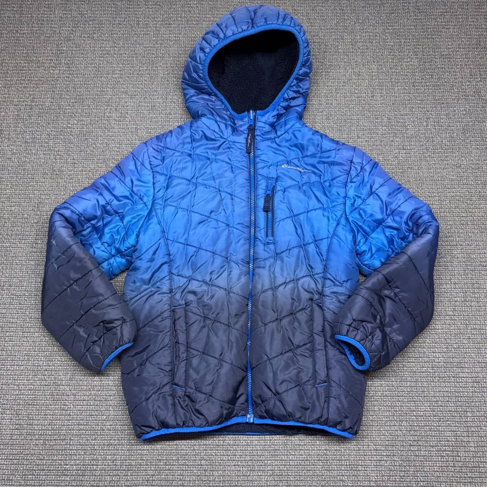 Eddie Bauer Boys Blue Ombre Sherpa Lined Hooded Puffer Jacket Youth 8-10